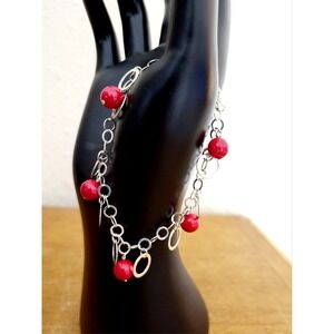 925 CW Sterling Silver Circle Round Chain Link Bracelet Red Dangling Bead Charms